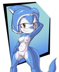 anthro bedroom_eyes blue_body blue_skin cetacean delphinoid fan_character female fours_(artist) genitals grey_nipples hand_behind_head hand_on_hip hi_res invalid_tag looking_at_viewer mammal marine narrowed_eyes nipples orange_eyes pussy seductive smile sonic_(series) sonic_legacy sonic_the_hedgehog_(series) tempest_the_dolphin toothed_whale