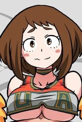 breasts brown_hair cheerleader cheerleader_uniform clothing female looking_at_viewer mosbles my_hero_academia ochako_uraraka outercourse paizuri paizuri_under_clothes shounen_jump underboob