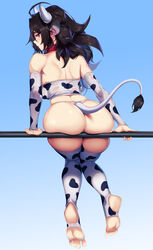 absurdres animal_ears animal_print ass bare_back bare_shoulders black_hair blue_background blueorca bovine breasts commentary cow_ears cow_girl cow_hat cow_print cow_tail female gradient gradient_background highres horns large_breasts long_hair original print_sleeves sitting soles solo stirrup_legwear tail thighhighs thong toeless_legwear toes tubetop