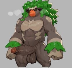 anthro ape balls bara barazoku bebebebebe big_balls big_penis bodily_fluids edit fur genitals green_hair hair haplorhine humanoid_genitalia humanoid_penis male male_only mammal muscular muscular_anthro muscular_male nintendo penis pokémon_(species) pokemon primate rillaboom simple_background solo solo_male uncensored vein veiny_penis video_games