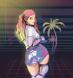 android ass booty_shorts dyed_hair epithet_erased female fully_clothed jelloapocalypse neon_grid palm_tree robot robot_girl synthwave tattoo tongue_out vaporwave yoomtah_zing