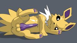 2021 absurd_res animal_genitalia animal_penis anus balls bodily_fluids digital_media_(artwork) eeveelution feral fur furry furry_only genital_fluids genitals hi_res jolteon looking_at_viewer lying male male_only naxylos nintendo on_side penis pokémon_(species) pokemon precum smile solo solo_focus video_games