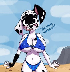 101_dalmatian_street 101_dalmatians absurd_res anthro beach big_breasts bikini bikini_bottom bikini_top black_body black_fur blush breasts cliff clothed clothing disney dizzy_(101_dalmatians) english_text female fur hi_res looking_at_viewer multicolored_body multicolored_fur navel nipple_outline open_mouth outside sand sea seaside skimpy sky smile solo spots swimwear text tight_clothing two_tone_body two_tone_fur water white_body white_fur whitewolf20xx