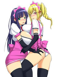 2girls akiha_(mayoiga_no_onee_san) aqua_eyes ass ass_grab blonde_hair blue_hair blush breasts kuimono large_breasts long_hair looking_at_viewer mayoiga_no_onee_san multiple_girls original panties pink_eyes thighhighs underwear waitress white_background yuri