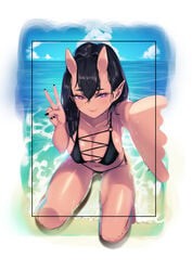 bikini black_bikini blue_sky blueorca blush border closed_mouth cloud cloudy_sky collarbone day dripping female fingernails hair_between_eyes half-closed_eyes highres horns long_hair mole mole_under_mouth ocean oni oni_horns original outdoors pointy_ears purple_eyes self_shot sharp_fingernails sketch sky smile solo swimsuit v water wet