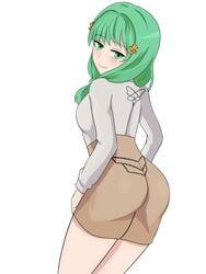 1girls ass big_ass dress fire_emblem fire_emblem:_three_houses flayn_(fire_emblem) garreg_mach_monastery_uniform green_eyes green_hair grin looking_at_viewer looking_back nintendo sanvero-selverna selverna smile solo solo_female white_background