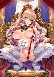 ass bangs blonde_hair blue_nails blush boots bottomless breasts commentary crown drill_hair elf english_commentary eyebrows_visible_through_hair female hair_between_eyes heels highres long_hair looking_at_viewer naked_cape navel nipples open_mouth orange_nails original pointy_ears purple_nails pussy_juice saliva saliva_trail shiokonbu solo spread_legs squatting staff sweat teeth thigh_boots thighhighs throne tongue tongue_out twin_drills twintails weapon