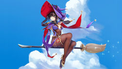 aqua_eyes black_gloves black_hair black_legwear blue_sky blueorca breasts broom broom_riding cloud detached_sleeves female flying fur_collar genshin_impact gloves hair_ornament hat high_heels highres leotard long_hair mage mona_(genshin_impact) pantyhose parted_lips purple_headwear purple_leotard side_view sky solo sparkle star_(symbol) star_hair_ornament thick_thighs thigh_strap tights twintails witch_hat