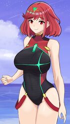 1girls bangs bare_arms bare_shoulders breasts cloud competition_swimsuit covered_navel desspie eyebrows_visible_through_hair female female_focus highres huge_breasts looking_at_viewer matching_hair/eyes nintendo one-piece_swimsuit pyra red_eyes red_hair sky smile solo solo_female swept_bangs swimsuit water xenoblade_(series) xenoblade_chronicles_2