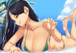 arm_support bangs barefoot beach bikini bikini_tan black_hair blueorca breasts collarbone day dripping feet feet_up female fingernails green_bikini half-closed_eyes head_tilt highres huge_breasts large_breasts lips long_hair looking_at_viewer lying massive_ass on_ground on_stomach original outdoors palm_tree parted_bangs pulled_by_self purple_eyes side-tie_bikini smirk soles solo strap_pull string_bikini sunlight swimsuit tan tanline the_pose tree water wet