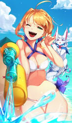 1girls artoria_pendragon artoria_pendragon_(swimsuit_archer) bikini blueorca breasts cute detailed_background fate/grand_order fate/stay_night fate_(series) happy saber smile smiling swimsuit tagme watergun