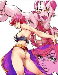 artist_request ass barely_clothed breast_grab exposed_ass female green_eyes jojo's_bizarre_adventure long_skirt pink_hair short_hair spice_girl stand_(jjba) trish_una vento_aureo