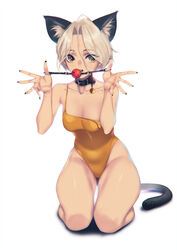 animal_ears ball_gag bangs bare_arms bare_legs bare_shoulders black_collar black_nails blonde_hair blueorca breasts cat_ears cat_girl cat_tail cleavage collar collarbone commentary feline female gag hands_up highleg highleg_leotard highres holding holding_gag kneeling leotard looking_at_viewer medium_breasts nail_polish open_mouth orange_leotard original saliva short_hair simple_background solo tail thick_thighs thighs torn_straps