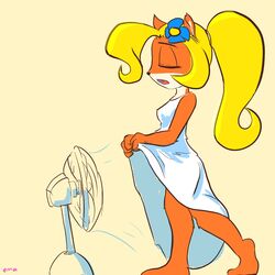 aroused blonde_hair blue_flower closed_eyes clothing coco_bandicoot cooling_off crash_(series) dress electric_fan ema_npr fan flower furry horny lifting_skirt open_mouth orange_fur ponytail white_dress