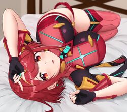 1girls breasts clothed_breasts female female_only headpiece huge_breasts large_breasts laying laying_down laying_on_bed nintendo pyra red_eyes red_hair solo solo_female sssemiii thick_thighs xenoblade_(series) xenoblade_chronicles_2