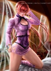 1girls detailed_background elciasneto eyes_covered female female_only hakkesshu_clan high_resolution highres king_of_fighters large_breasts posing red_hair shermie_(kof) snk thick_thighs wide_hips