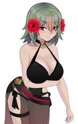 black_swimsuit breasts cleavage closed_mouth dark-skinned_female dark_skin desspie female fire_emblem fire_emblem_heroes flower gradient_hair green_hair hair_flower hair_ornament highres laegjarn_(fire_emblem) laegjarn_(summer)_(fire_emblem) large_breasts multicolored_hair nintendo one-piece_swimsuit orange_hair red_eyes sarong short_green_hair short_hair simple_background smile solo solo_female swimsuit thigh_strap white_background