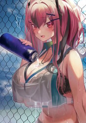 :d ^^^ absurdres azur_lane bangs bare_shoulders black_bra blue_sky blush bottle bra breasts bremerton_(azur_lane) bremerton_(scorching-hot_training)_(azur_lane) chain-link_fence cleavage collarbone collared_shirt commentary_request crop_top crop_top_overhang eyebrows_visible_through_hair female fence hair_between_eyes hair_intakes hair_ornament hairclip heart heart_necklace highres lace lace-trimmed_bra lace_trim large_breasts long_hair looking_at_viewer midriff mole mole_under_eye multicolored_hair navel open_mouth pink_eyes pink_hair pouring_onto_self revision see-through shirt sidelocks sky sleeveless sleeveless_shirt smile solo sportswear streaked_hair sweat tennis_uniform torriet twintails two-tone_shirt underwear upper_body upper_teeth water_bottle wet wet_clothes wet_shirt x_hair_ornament