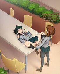 1boy 1futa big_penis crossdressing dickgirl english_text erection femboy foreskin futa_is_bigger futa_on_male futadom futanari green_hair imminent_anal imminent_sex intersex izuku_midoriya male malesub my_hero_academia no_panties ochako_uraraka on_table penis penis_size_difference public puffy_anus shounen_jump skirt spread_legs submissive_male toby_art uncircumcised uncut