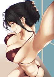 armpits ass bangs bare_shoulders bikini black_hair blueorca blush breasts cleavage collarbone female halter_top halterneck highres holding holding_hair huge_breasts large_breasts long_hair looking_at_viewer mole mole_on_breast original reaching_out red_eyes sideboob skindentation smile solo swimsuit wet