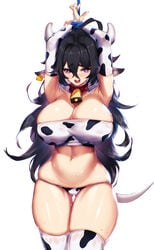 absurdres animal_ears animal_print armpits ass belly blueorca bound bound_wrists breasts cleavage cow_ears cow_girl cow_horns cow_print gluteal_fold highres horns huge_breasts large_breasts midriff navel original purple_eyes simple_background skindentation sweat thigh_gap tubetop white_background