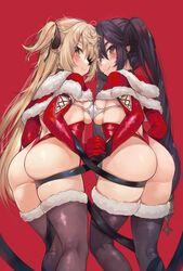 2girls absurdres alternate_costume ass bangs big_ass big_butt bikini bikini_top black_hair black_legwear black_ribbon blonde_hair blush breast_press breasts christmas closed_mouth elbow_gloves eyepatch female_only fischl_(genshin_impact) from_behind fur_trim genshin_impact gloves green_eyes hair_ornament hair_over_one_eye hair_ribbon hand_holding highres large_ass large_butt long_hair looking_at_viewer looking_back medium_breasts mona_(genshin_impact) multiple_girls rear_view red_background red_gloves red_legwear revision ribbon santa_costume simple_background skindentation smile string_bikini swimsuit take_your_pick thighhighs torriet twintails two_side_up very_long_hair yellow_eyes