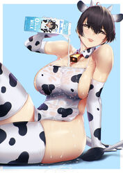 1girls 2021 ahoge animal_ears animal_print arm_support armwear bangs bare_shoulders beauty_mark bell blueorca blush bottle breasts brown_eyes brown_hair collarbone cow_ears cow_girl cow_horns cow_print cow_print_armwear cow_print_legwear cow_tail cowbell elbow_gloves eyebrows_visible_through_hair eyelashes female female_focus gloves hair_between_eyes half-closed_eyes highres holding horns huge_breasts knee_up large_breasts legwear looking_at_viewer milk milk_bottle milk_carton mole mole_on_breast mole_under_eye neck_bell original parted_lips reclining see-through see-through_clothing short_hair sideboob smile solo solo_female solo_focus tail very_short_hair wet_apron white_gloves year_of_the_ox