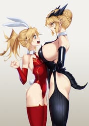 2girls alternate_costume animal_ear_legwear animal_ears artoria_pendragon artoria_pendragon_(lancer_alter) ass asymmetrical_docking bangs bare_shoulders black_gloves black_neckwear blonde_hair blueorca braid breast_press breasts bunny_ears bunny_tail cat_ear_legwear closed_mouth collarbone commentary cowboy_shot crown_braid detached_collar dragon_tail elbow_gloves expressionless face-to-face fake_animal_ears fake_tail fate/grand_order fate_(series) female female_only french_braid from_side gloves grey_background hair_between_eyes hand_on_hip hand_up height_difference highleg highleg_leotard highres horns huge_breasts large_breasts leotard long_hair looking_at_another looking_down mordred_(fate) mordred_(fate)_(all) mother_and_daughter multiple_girls necktie open_mouth playboy_bunny profile red_legwear red_leotard red_neckwear shiny shiny_clothes short_hair sideboob sidelocks skindentation small_breasts tail tearing_up thighhighs yellow_eyes