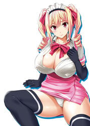 bangs blonde_hair breasts cleavage commentary_request covered_erect_nipples crotch_seam drill_hair elbow_gloves eyebrows_visible_through_hair female gloves hair_ornament hair_ribbon hand_on_own_chest high-waist_skirt large_breasts looking_at_viewer maid_headdress mayoiga_no_onee_san mikemono_yuu natsuki_(mayoiga_no_onee_san) neck_ribbon original panties pantyshot pink_eyes pink_skirt ribbon ringlets sitting skirt smile solo solo_female thighhighs thighs twin_drills twintails underwear white_background white_panties