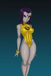 1girls cartoon_network clothed dc dc_comics demon_girl female female_only forehead_jewel grey_skin lady_legasus leotard long_hair medium_breasts nipples_visible_through_clothing purple_eyes purple_hair pussy pussy_visible_through_clothes rachel_roth raven_(dc) solo sunsetriders7 superheroine teen_titans teen_titans_go yellow_leotard