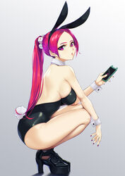 1girls animal_ears bare_legs black_footwear black_leotard blueorca bunny_ears bunny_girl bunny_tail bunnysuit cellphone cuffs detached_collar dice_hair_ornament female female_only gradient gradient_background grey_background hair_ornament high_heels highres leotard lips looking_at_viewer original phone platform_footwear playboy_bunny ponytail red_eyes red_hair smartphone solo strapless strapless_leotard tail thighs wrist_cuffs