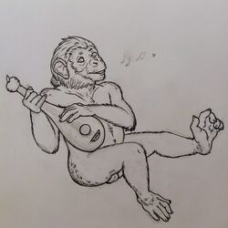 1:1 2021 5_fingers 5_toes absurd_res anthro ape balls barely_visible_balls barely_visible_genitalia chimpanzee feet fingers genitals haplorhine hi_res line_art lute male mammal musical_instrument musical_note narcixus nide plucked_string_instrument primate signature sitting solo string_instrument toes traditional_media_(artwork)