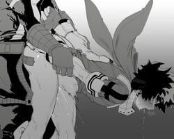 2boys bare_legs bare_thighs belly_bulge bent_over blush bodily_fluids drool drooling gay goodbye_glory greyscale hero_outfit_(mha) izuku_midoriya katsuki_bakugou male male/male male_penetrated male_penetrating male_penetrating_male my_hero_academia saliva stomach_bulge yaoi