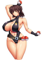 1girls alternate_breast_size ameoto big_breasts breasts brown_eyes brown_hair cleavage female_only fingerless_gloves gloves huge_breasts kasumi_(pokemon) large_breasts legs misty_(the_electric_tale_of_pikachu) nipple_bulge nipples one-piece_swimsuit pokeball pokemon pokemon_(manga) skimpy solo_female swimsuit the_electric_tale_of_pikachu thick_thighs thighs white_background