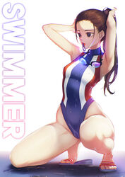 adjusting_hair armpits arms_up bare_shoulders blueorca breasts brown_hair competition_swimsuit dripping female goggles goggles_around_neck hair_tie hair_tie_in_mouth highleg highleg_swimsuit highres lips long_hair mouth_hold one-piece_swimsuit one_knee original ponytail sandals small_breasts solo swimsuit water wet wet_hair