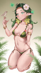 1girls armlet bikini bracelet breasts cheshirrr collarbone elf elf_ears female female_focus female_only flower_in_hair full_body green_eyes green_hair headband highres jewelry legs_together long_hair looking_to_the_side medium_breasts midriff nature original pale-skinned_female pale_skin pointy_ears revealing_clothes sitting stomach string_bikini swimsuit thick_thighs thighs toned toned_female