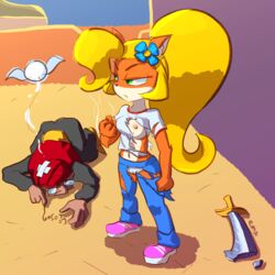 blonde_hair coco_bandicoot crash_(series) crash_bandicoot:_warped ema_npr exposed_breast exposed_panties fur furry human lab_assistant_(crash_series) orange_fur ponytail ripped_clothing white_panties