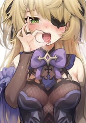 absurdres bangs bare_shoulders blonde_hair blush bow breasts dress elbow_gloves eye_patch eyepatch fellatio_gesture female fischl_(genshin_impact) genshin_impact gloves green_eyes hair_over_one_eye hair_ribbon highres huge_filesize light_skin long_hair looking_at_viewer medium_breasts open_mouth oral oral_insinuation oral_invitation petite revision ribbon saliva sexually_suggestive solo teenager tongue tongue_out torriet tsurime twintails two_side_up