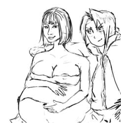 1boy 1girls arm_around_shoulders edward_elric fullmetal_alchemist fullmetal_alchemist_brotherhood fullmetalsketch hands_on_belly life_is_strange max_caulfield pregnant rough_sketch