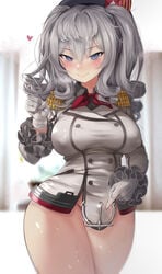 absurdres bangs beret blue_eyes blush breasts buttons closed_mouth epaulettes female gloves hat highres jacket kantai_collection kashima_(kantai_collection) large_breasts long_hair long_sleeves looking_at_viewer military_jacket nipple_bulge no_panties red_neckwear sidelocks silver_hair smile sweat thighs torriet twintails wavy_hair white_gloves white_jacket