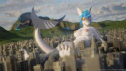 3d_(artwork) 4_toes anthro areola big_breasts blender_(software) breasts city clothing destruction digital_media_(artwork) feet female fish flip_flops footwear freschrenders genitals grey_body hair hi_res landscape looking_at_viewer macro male male/male marine nikki_(pogonip) nude open_mouth piercing pussy sandals shark smile solo teeth toes visor watermark