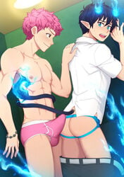 ao_no_exorcist blue_eyes demon demon_tail erection_under_clothes naughty_smile okumura_rin shima_renzo tagme tail underwear yaoi