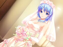 1girls bare_shoulders blue_eyes blue_hair breasts bride cleavage cute female female_only flower flower_crown flower_in_hair himuro_rikka human human_only koutaro looking_at_viewer medium_breasts pov pov_eye_contact skindentation smile smiling smiling_at_viewer solo solo_female standing tropical_kiss wedding wedding_dress