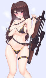 1girls bangs bare_arms bare_legs bare_shoulders bikini bikini_top blue_background blush breasts brown_bikini brown_hair bullpup collarbone eyebrows_visible_through_hair feet_out_of_frame female girls'_frontline gun hand_on_own_chest highres holding holding_bikini_top holding_weapon jewelry large_breasts long_hair looking_at_viewer navel pao_mian+dan parted_lips purple_eyes rifle ring shiny shiny_hair side_ponytail sideboob simple_background sniper_rifle solo standing sweat swimsuit thigh_strap underboob wa2000_(girls'_frontline) walther walther_wa_2000 weapon zipper_pull_tab