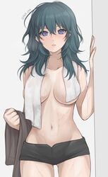 1girls akn_646 artist_name bad_censor bangs black_shorts blue_eyes blue_hair breasts byleth_(fire_emblem) byleth_(fire_emblem)_(female) censored covering cowboy_shot female fire_emblem fire_emblem:_three_houses grey_background hair_between_eyes hand_up highres long_hair looking_at_viewer medium_breasts micro_shorts navel nintendo parted_lips shimizu_akina shorts solo standing stomach teal_hair towel towel_around_neck twitter_username wet