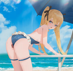 areolae bangs bar_censor beach beach_umbrella bent_over black_ribbon blonde_hair blue_eyes blue_swimsuit blush breasts censored cirilla_lin day dead_or_alive frilled_swimsuit frills from_side hair_ribbon long_hair marie_rose marie_rose_(devilish_servant_against_the_splashing_waves) medium_breasts nipples ocean one-piece_swimsuit open_mouth outdoors pussy pussy_juice ribbon sand sidelocks skindentation solo sunlight sweat swimsuit swimwear thigh_strap twintails umbrella very_long_hair