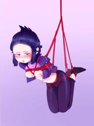 bibi_(brawl_stars) blush bondage brawl_stars breasts hanging_from_rope jacket looking_at_viewer petite shirt_lift small_breasts