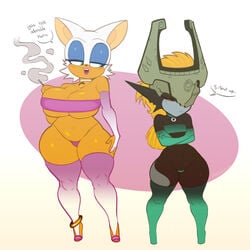 2girls alternate_breast_size big_breasts blush breasts chiropteran cigarette cleavage clothed clothing collar crossover dialogue duo english_text female female_only flat_chested hi_res humanoid imp imp_midna legwear mammal midna multiple_girls navel nintendo open_mouth panties rouge_the_bat shortstack shy simple_background skimpy smoke smoking sonic_(series) speech_bubble text the_legend_of_zelda thick_thighs thigh_highs twili twilight_princess underwear video_games wide_hips zetaskully