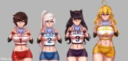 4girls abs absurd_res aestheticc-meme ahoge areolae artist_name big_breasts black_hair blake_belladonna blonde_hair blue_eyes breasts brown_hair clothing english_text faunus female female_only grey_eyes gym_uniform hair hair_ribbon huge_breasts human large_breasts long_hair looking_at_viewer multiple_girls navel ponytail presenting presenting_breasts purple_eyes ruby_rose rwby shorts signature silver_eyes simple_background smile sportswear team_rwby text thigh_gap topless watermark weiss_schnee white_hair wide_hips yang_xiao_long yellow_eyes