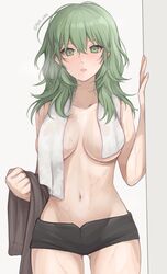 1girls akn_646 artist_name bangs black_shorts breasts byleth_(fire_emblem) byleth_(fire_emblem)_(female) censored covered_nipples covering cowboy_shot female fire_emblem fire_emblem:_three_houses green_eyes green_hair grey_background hair_between_eyes hand_up highres long_hair looking_at_viewer medium_breasts micro_shorts navel nintendo parted_lips shimizu_akina shorts solo standing stomach towel towel_around_neck twitter_username wet